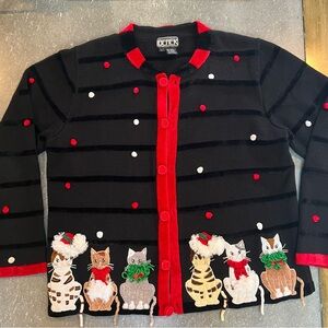 Vintage 90s Cat Christmas Cardigan Sweater Womens Large Beaded Festive Kitty